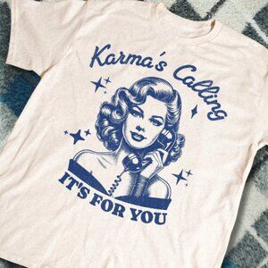 Y2K Karma’s Calling Graphic Tee Cream Retro Phone Aesthetic Shirt